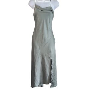 Astr Women's Medium Pastel‎ Green Satin Maxi Dress Cross Open Back Slit